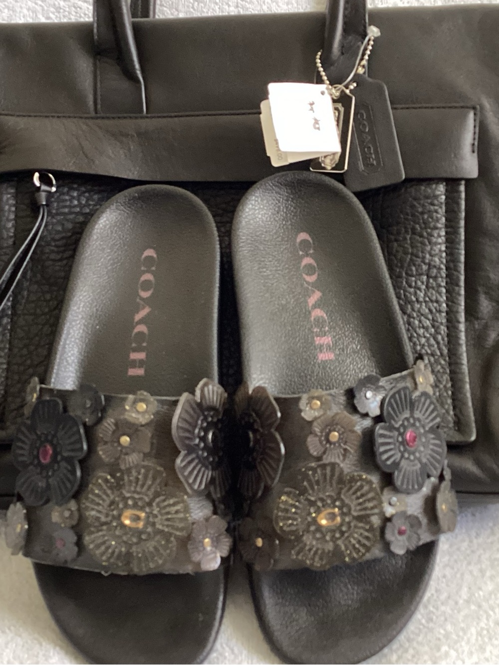 Coach Bleecker Riley Black Leather Carryall Bag 27927 Sophi Tea Rose Slides 8